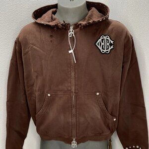 NEW BIRTH OF ROYAL CHILD Men's Pearl Studded Boxy Hoodie Brown Size M – Full Zip